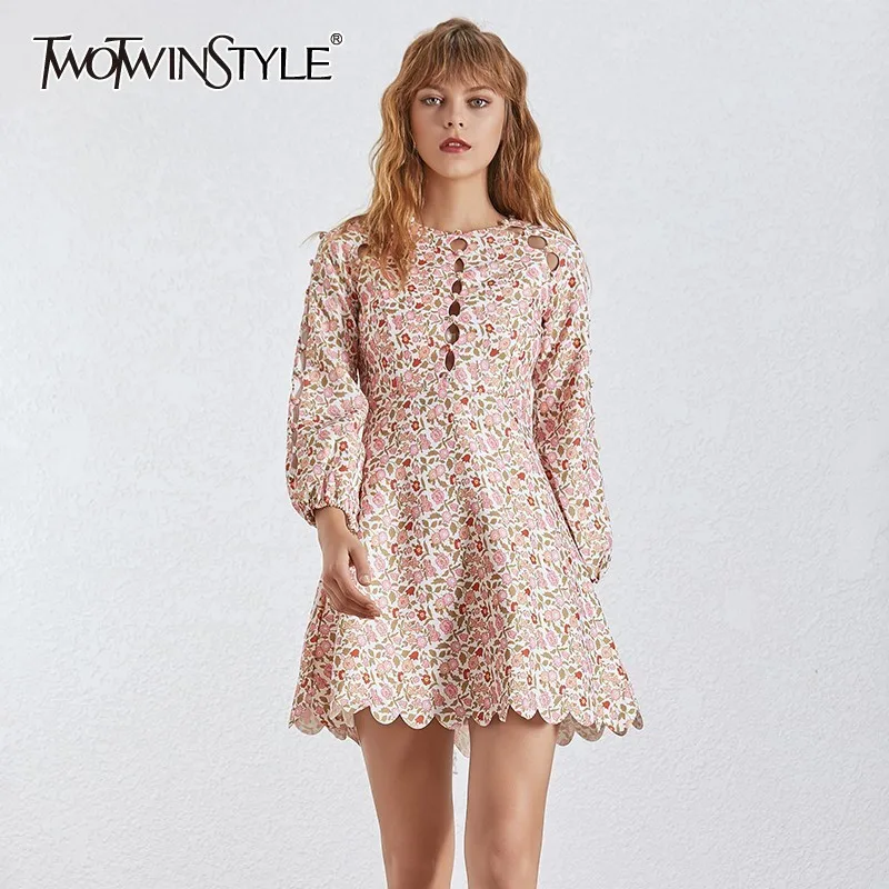 

TWOTWINSTYLE Print Dress For Women O Neck Lantern Sleeve Hollow Out High Waist Elegant Dresses Female Fashion Summer 2019