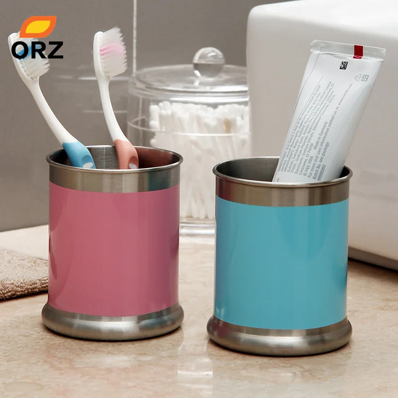 ORZ 2PCS Tooth Mug Couples Stainless Steel Toothbrush Toothpaste Holder
