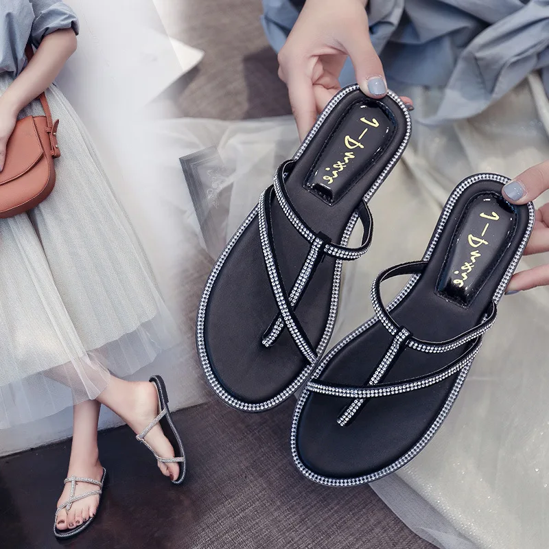 

Open Toe Outside Fashion Leisure Concise Slides Women Flat Crystal Plaid Slippers Flat With Casual Summer Ladies Shoes