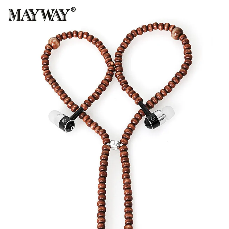 Earphone beads Necklace Chain In-Ear wooden Earphone with Microphone Stereo for Xiaomi iPhone samsung huawei iPad solide wood