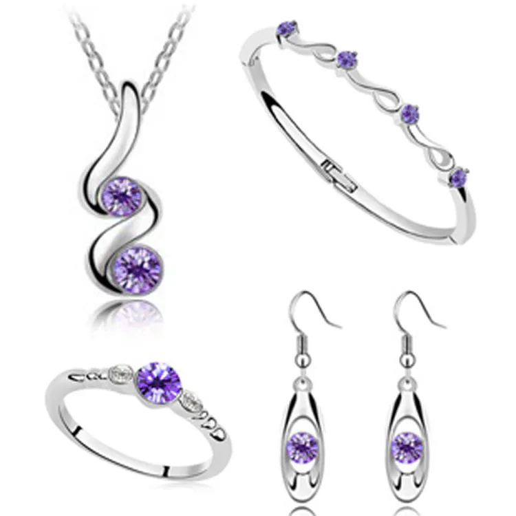 Свадебные ювелирные наборы, посеребренные ожерелья с подвесками, серьги, кольца, браслеты, набор для помолвки для женщин - Окраска металла: purple