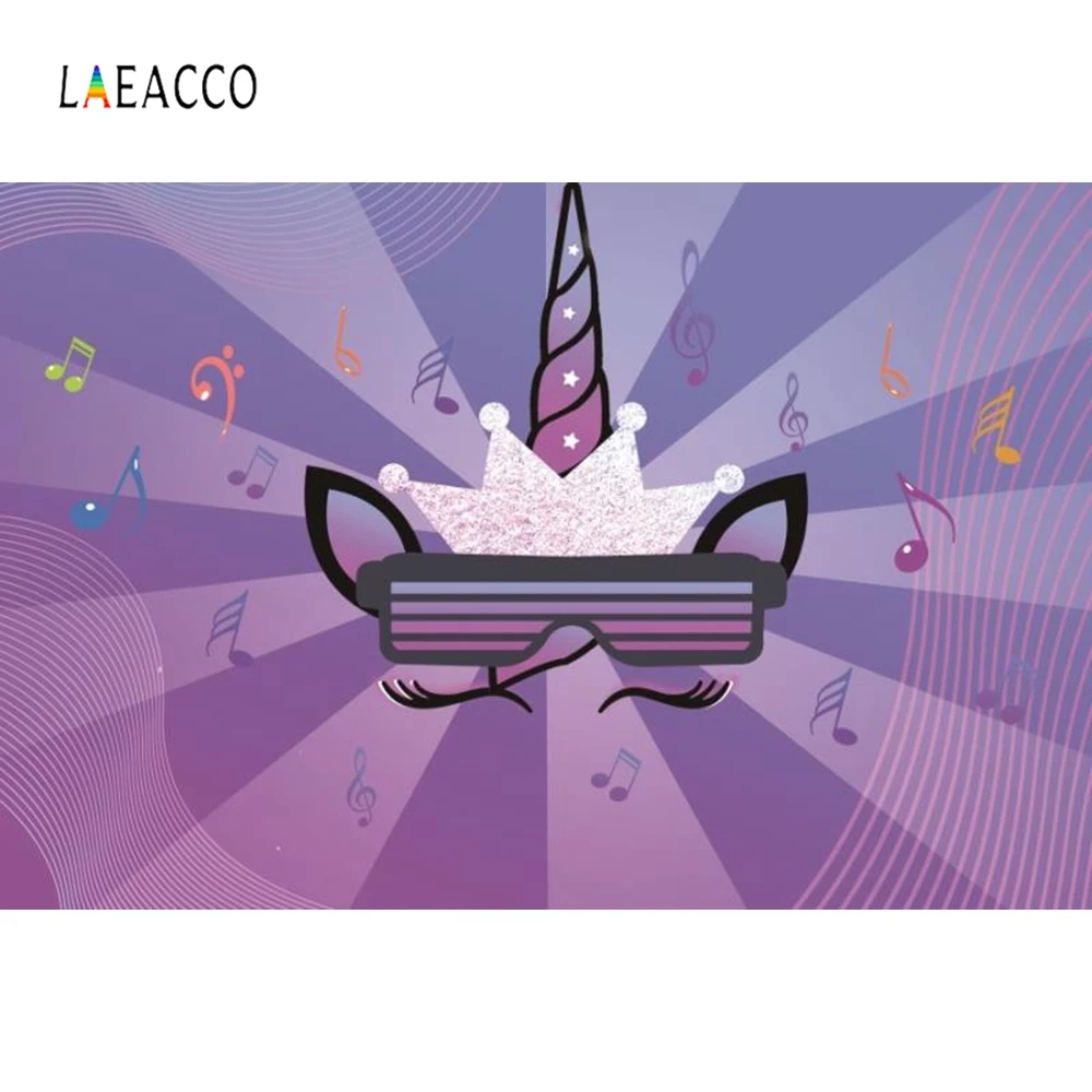 

Laeacco Unicorn Sunglasses Music Notes Purple Birthday Photography Backgrounds Customized Photographic Backdrops for Photo Studi
