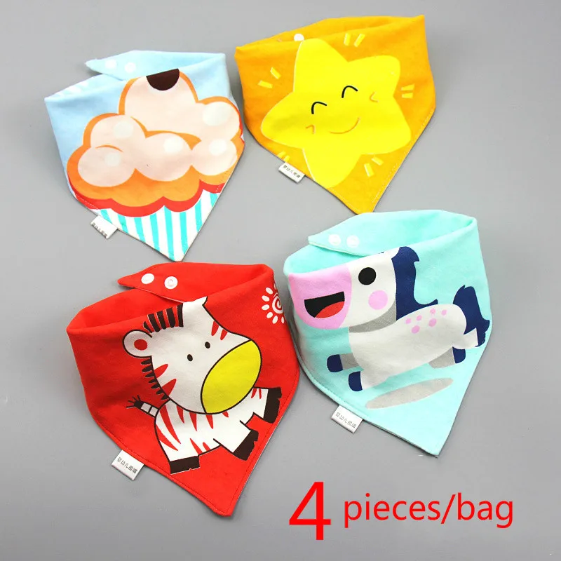 

4 pieces/bag Baby bibs High quality triangle double layers cotton baberos Cartoon Character Animal Print baby bandana bibs