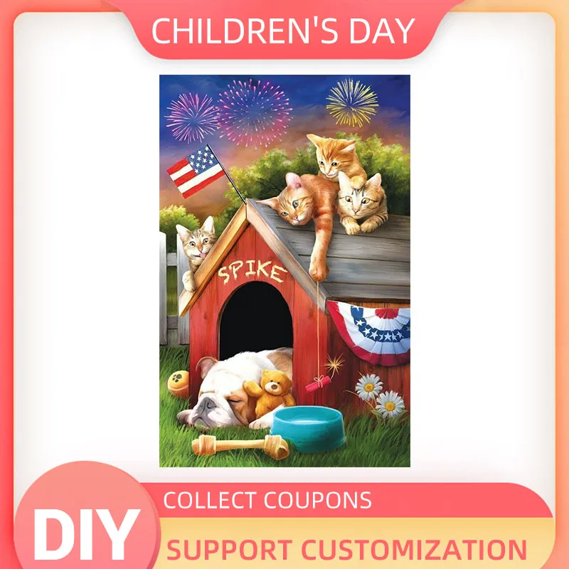 

YILEKA 5D DIY Diamond Painting Cat and Dog Flag Fireworks Art Craft Diamante Kit Embroidery Cross Stitch Full Square Drill
