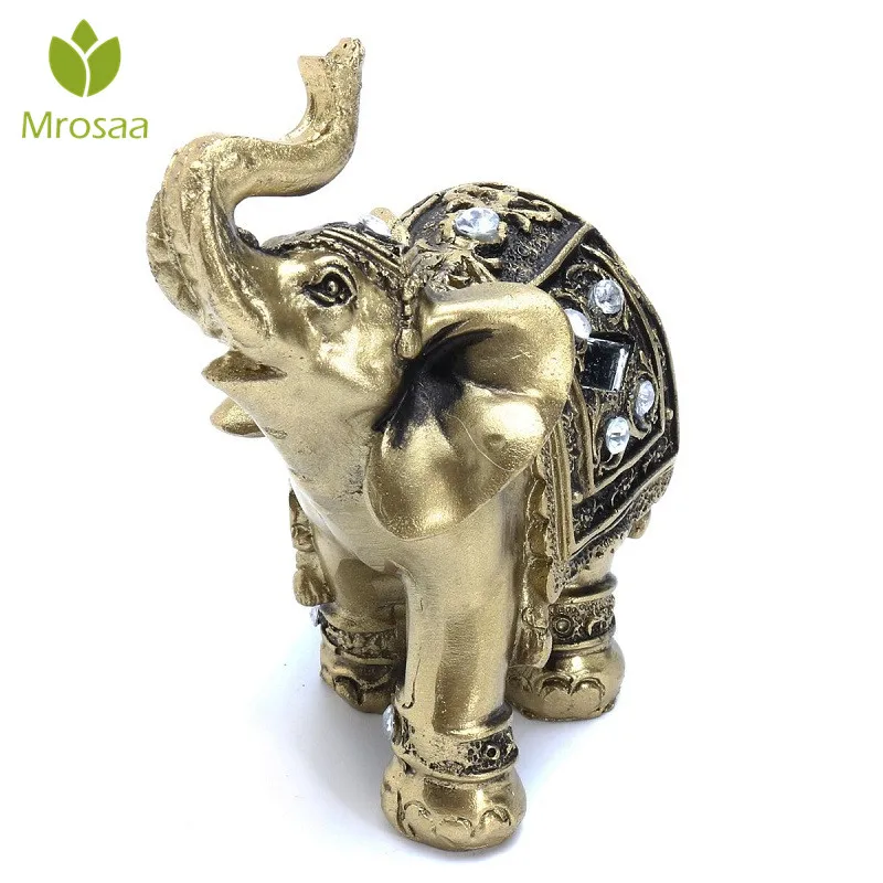 

9x9cm Golden Resin Elegant Elephant Figurines With Diamond Souvenir Trunk Statue Lucky Wealth Figurine Gift Home Decor Accessory