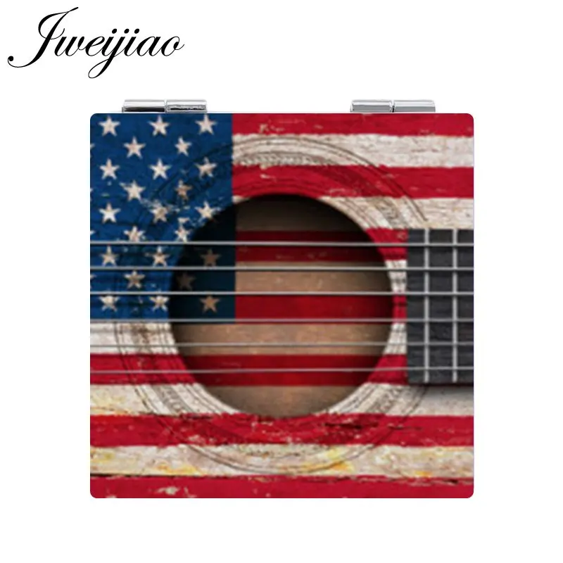 

JWEIJIAO Musical The USA Country Flag Photo Pocket Mirror Folding Square 1X/2X Magnifying PU Leather Makeup Mirror Gifts