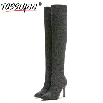 

TASSLYNN 2019 Women Boots Thin High Heels party shoes women Over The Knee Boots Pointed Toe stretch wool Winter Shoes Size 34-41