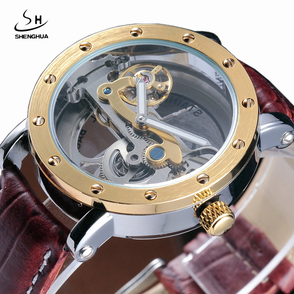 

SHENHUA Steampunk Transparent Skeleton Automatic Wristwatch Genuine Leather Strap Diamond Mens Dress Mechanical Watches Gift