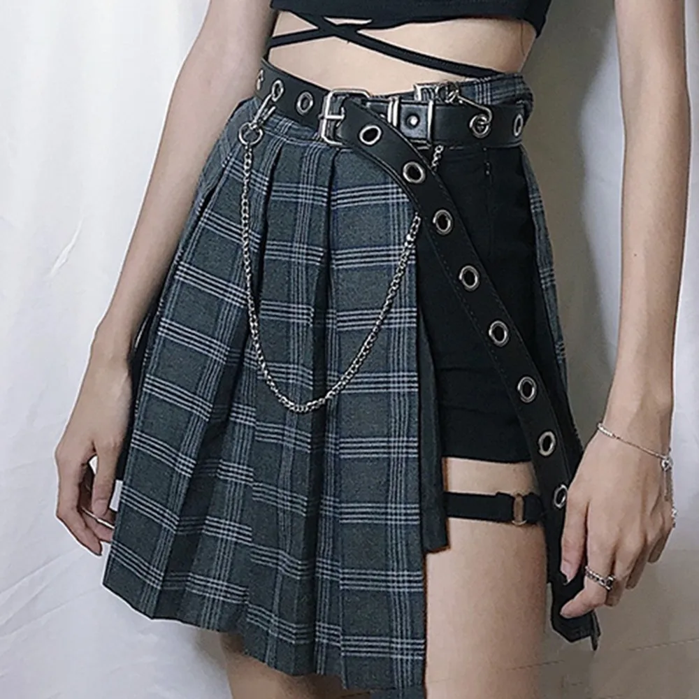 

Gothic Plaid A-Line Mini Skirts Women 2019 New Hot Asymmetric Patchwork Bandage Punk Club Sexy Cool Fashion Black Short Skirt