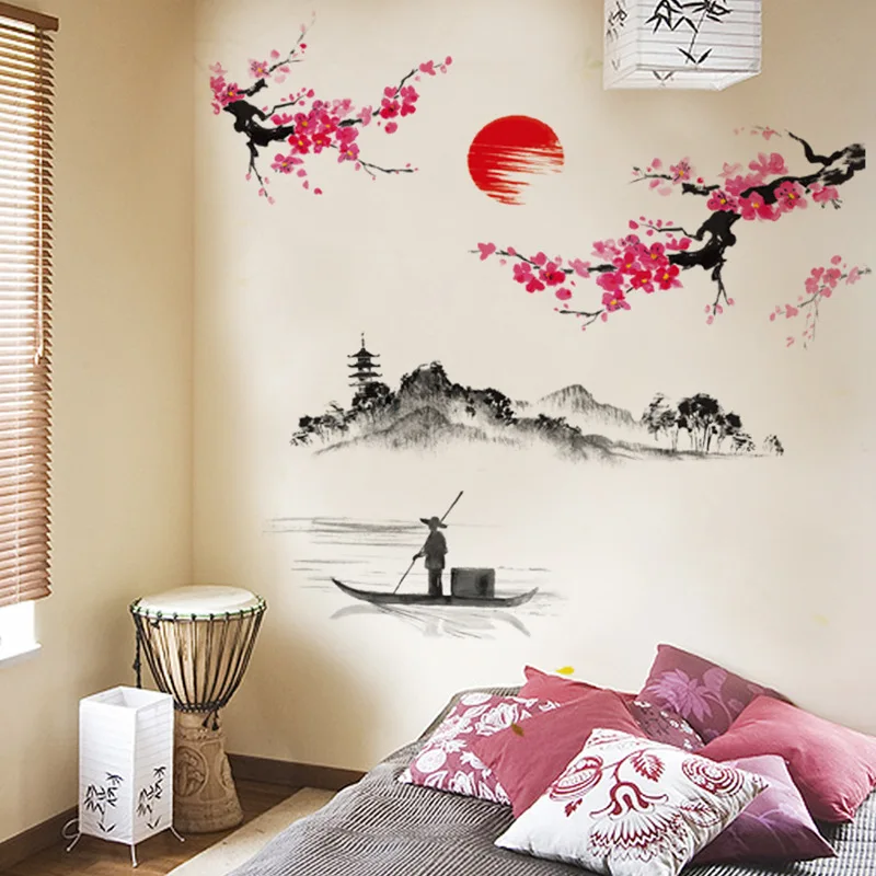 Китайский пейзаж горы-река чернила живопись каллиграфия настенные наклейки для дома обои плакат искусство гостиная стены Graphic100x130cm