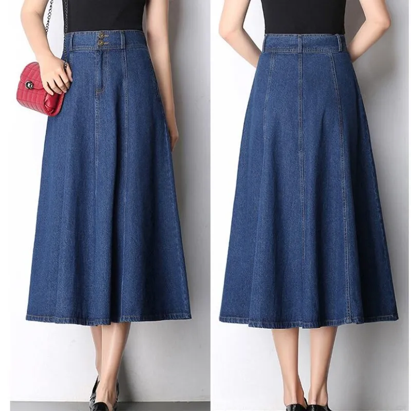 

2017 autumn and winter new denim skirt large long paragraph a word long skirts high waist was thin big M-XXXXL