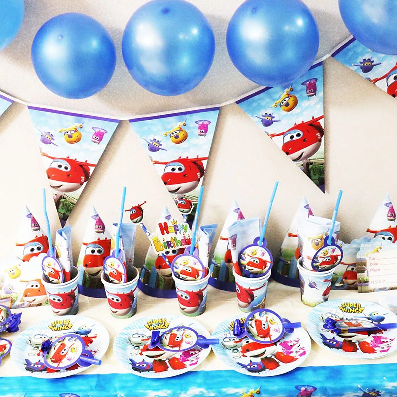 

Cartoon Superwings/Super Wings Disposable Tablewares Set Napkins Plates Banner Tablecloth 10Kids Use Birthday Party Decor Supply