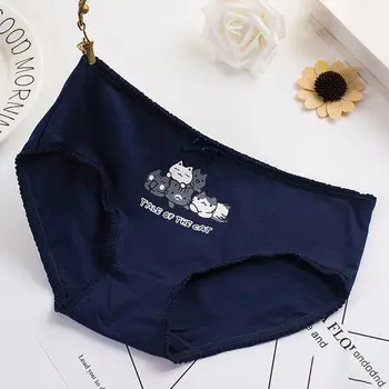 

Women Young Girls Mid Rise Cotton Underwear Sweet Cartoon Cat Cherry Fruit Print Panties Ruffles Trim Mini Bowknot Front Briefs