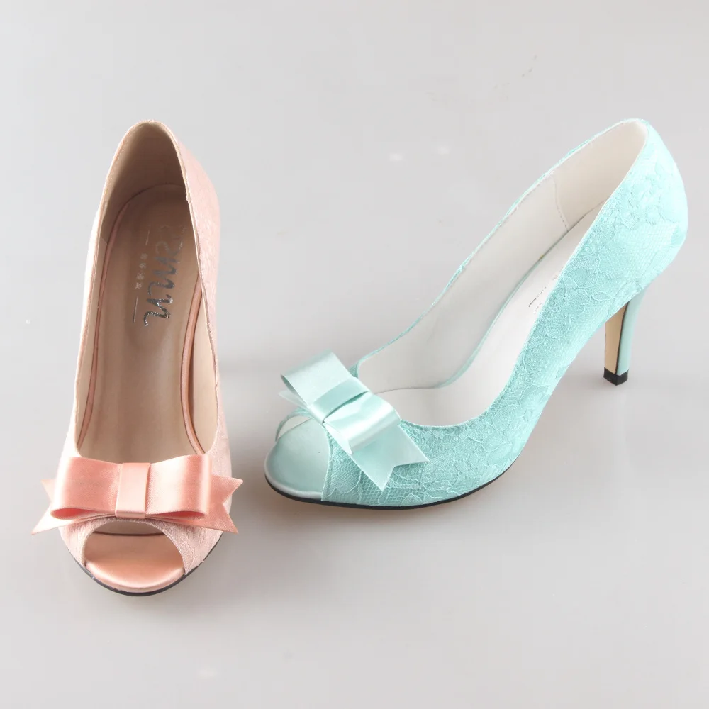 Creativesugar Handmade peachy nude mint green lace bow heels pumps ...