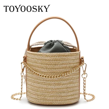 

TOYOOSKY Japan Style Bucket Cylindrical Straw Bags Chain Woven Women Crossbody Bags Shoulder Tote Bag Summer Beach Handbags