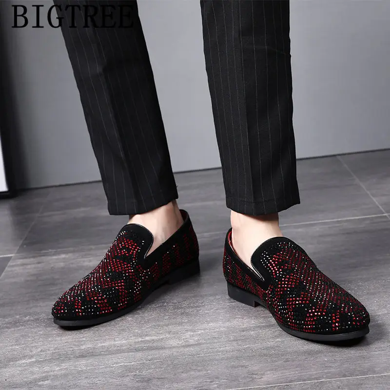 Мужские итальянские ботинки; классические свадебные туфли; элегантные мужские лоферы; Брендовая обувь; стразы sepatu; слипоны; pria ayakkabi - Цвет: Красный