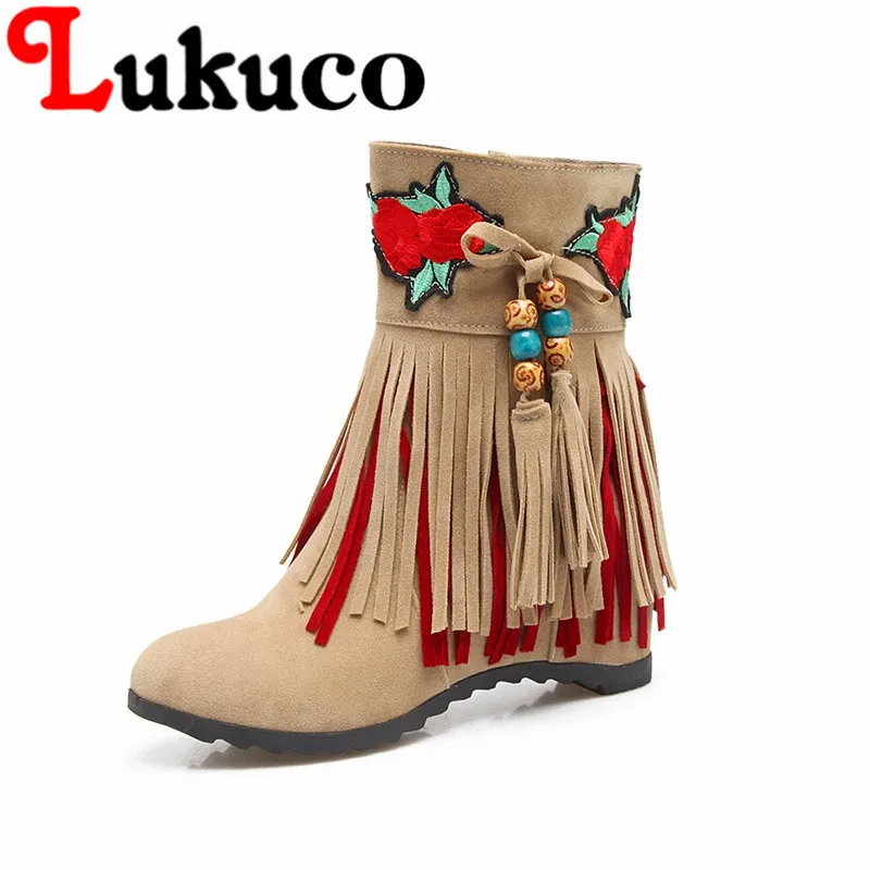 

Lukuco spring/autumn mid-calf boots with string bead and fringe design 40 41 42 43 zipper shoes high quality PU made
