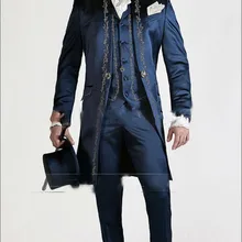 Вышитые темно-синий фрак крутые красивые мужские костюмы bespoke приталенный костюм Блейзер Мужской(пиджак+ брюки+ галстук+ жилет+ носовые платки