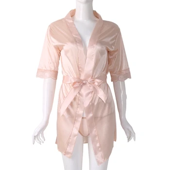 

1Pc Women's Bathrobe Short Kimono Style V-Neck Plain Dressing Gown Bridal Party Robe