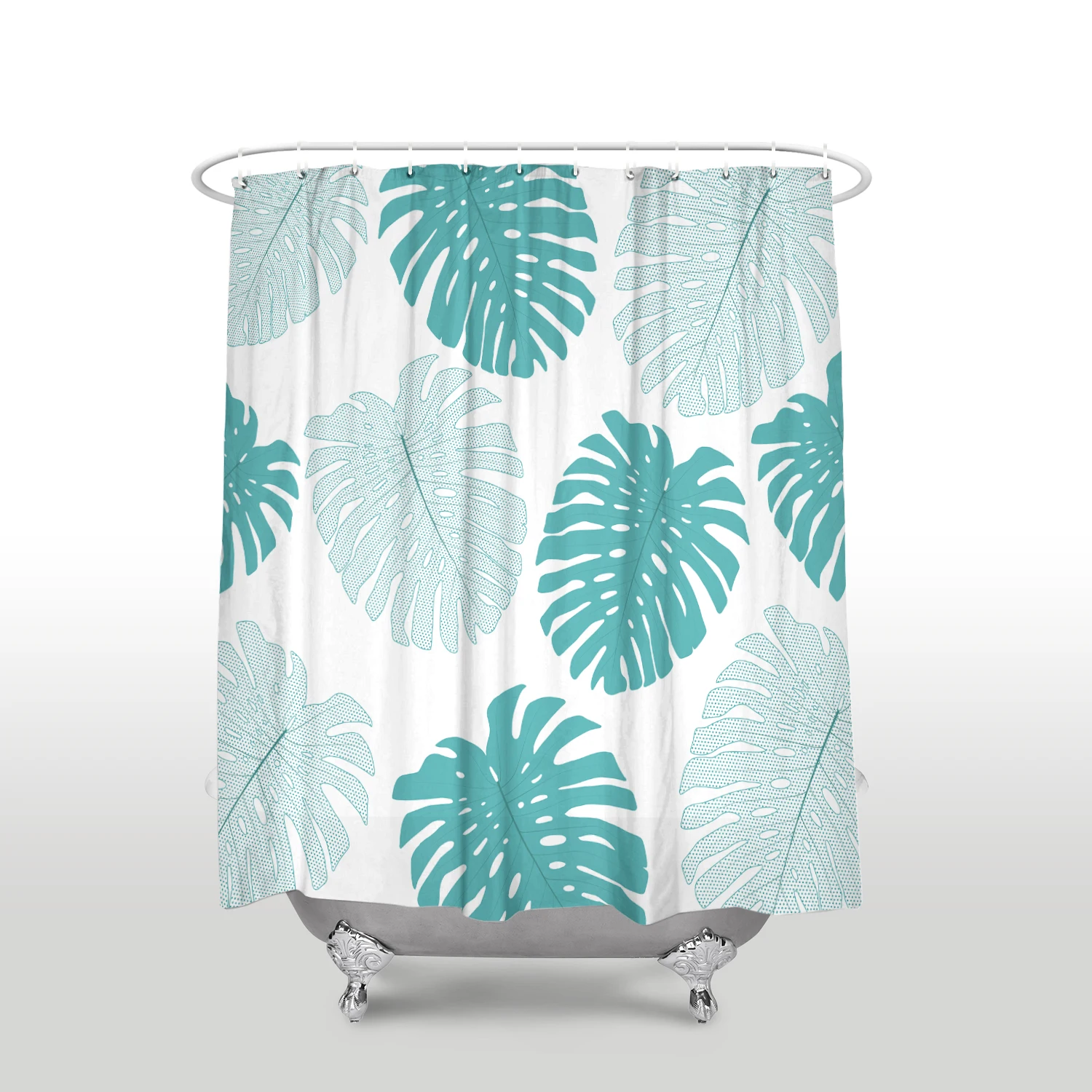 Waterproof Tropical Plants Shower Curtain with Hooks Polyester Fabric Monstera Pattern Teal Bathroom Curtains for Home Decor | Дом и сад