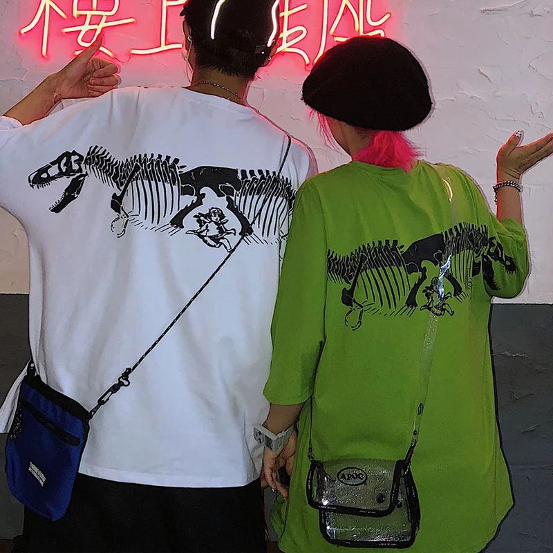 

Harajuku Casual Style Women Tshirts Back Dinosaur Printing Loose Short-sleeved Unisex T-shirt Female