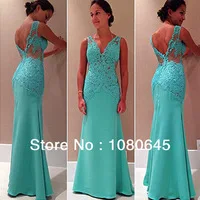 2014 Summer Hunter Sexy Lace Backless Deep V Neck Mermaid Prom Evening Celebrity Dresses A252