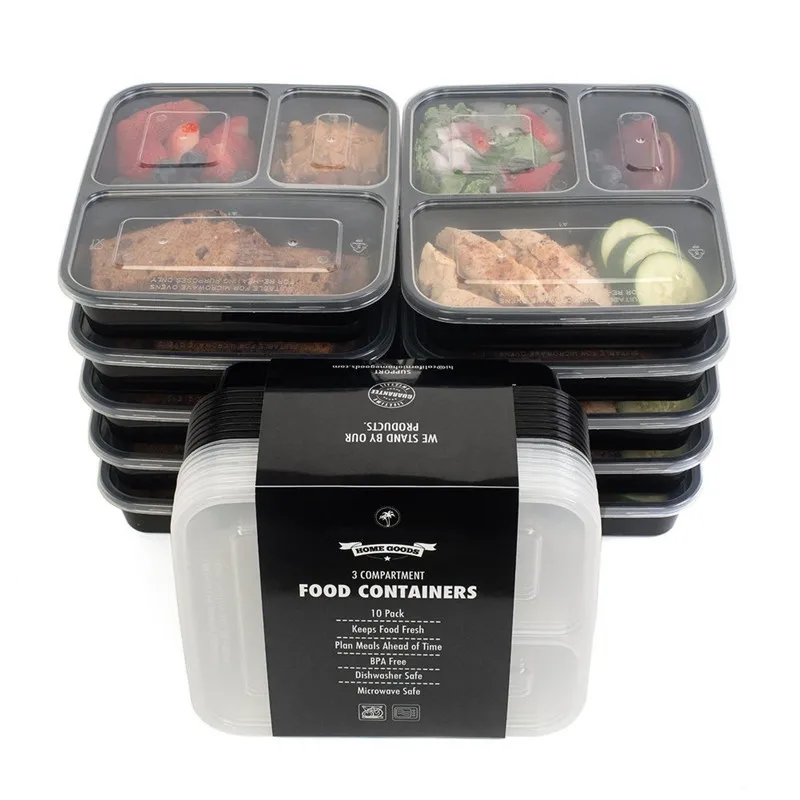 3 Compartment Food Storage Containers with Lids,, Bento Box Lunch Box
