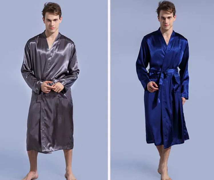 Однотонные Для мужчин атласная вискоза длинный халат пижамы белье пижамы кимоно Для ванной платье Lounge Повседневное мужской ночной рубашке пижамы#4051