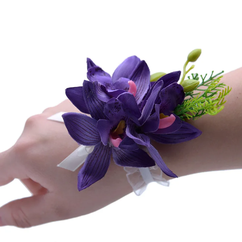 Kyunovia Орхидея из искусственного шелка Цветок на запястье Свадебные бутоньерки невесты браслет на запястье для вечеринки выпускного вечера Декор Цветок D81 - Цвет: Purple Corsage