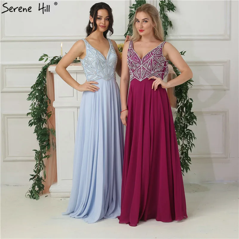 Sky Blue Chiffon Sexy Sleeveless Prom Dresses Beading Pearls V-Neck Beach Evening Gowns Real Photo LA6697