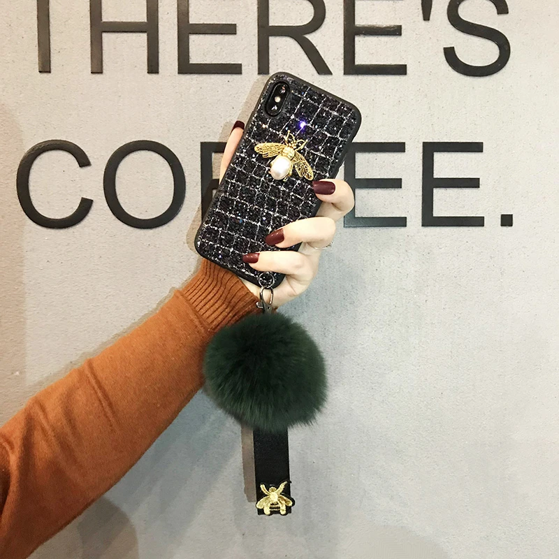Aoweziic Mobile phone shell fox fur ball For iphone X XS MAX XR female lanyard 6S tide brand 7P 8Plus Glitter diamond Milu deer