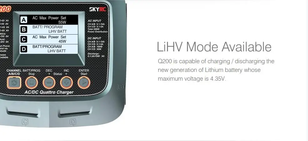 SKYRC Q200 интеллектуальное зарядное устройство/Dis зарядное устройство AC/DC беспилотный баланс зарядное устройство для Lipo/LiHV/литий-железо/ион/NiMH/NiCD/свинцово-кислотная батарея