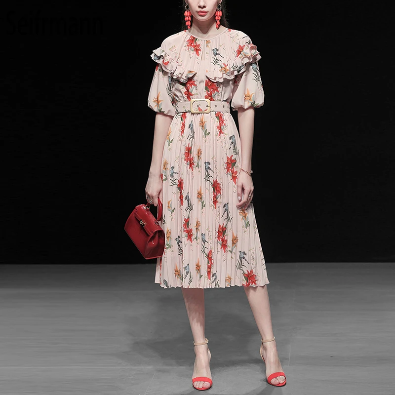 

Seifrmann 2019 Women Spring Summer Dress Runway Fashion Designer Ruffles Floral Printed Elegant Vintage Pleated Ladies Dresses