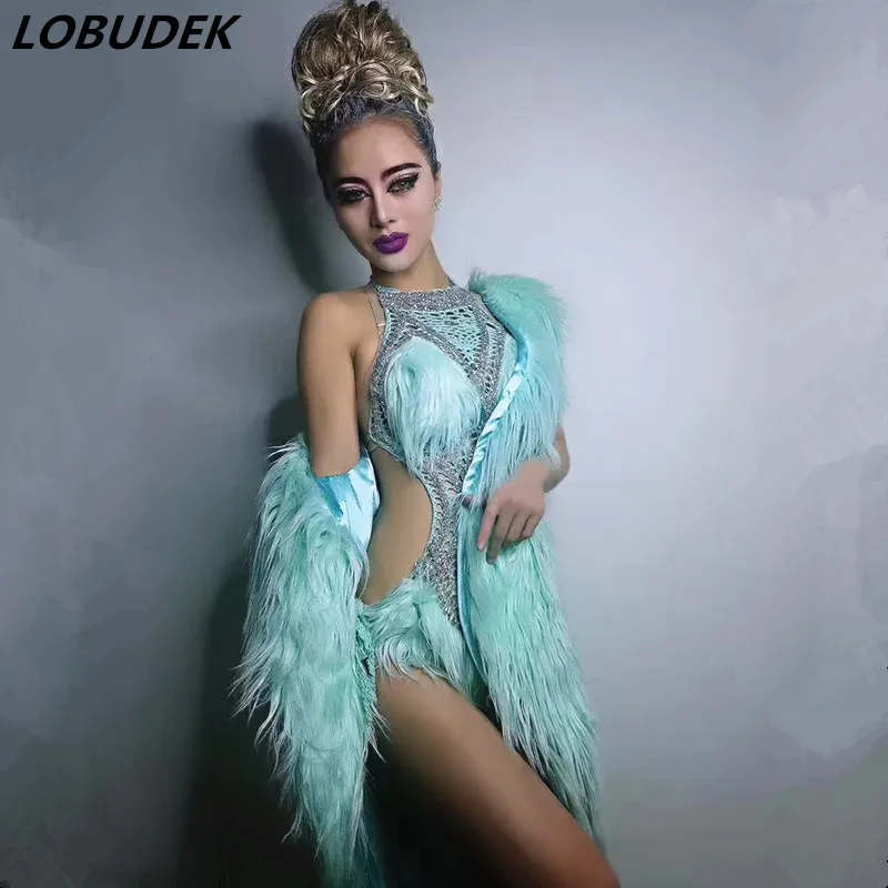 

Sparkly Crystal Sexy Hollow Out Bodysuit Green White Pink Feathers Coat Nightclub DJ Singer Stage Costume Dance Performance Wear