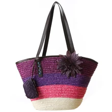 Вязаная соломенная сумка, летняя Цветочная богемная модная женская сумка, цветные полосатые сумки на плечо, пляжная сумка, большие сумки-тоут