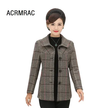 

Woman jacket Slim Woolen Spring and Autumn Coats thick Turn-down Collar Plaid long jacket Woman