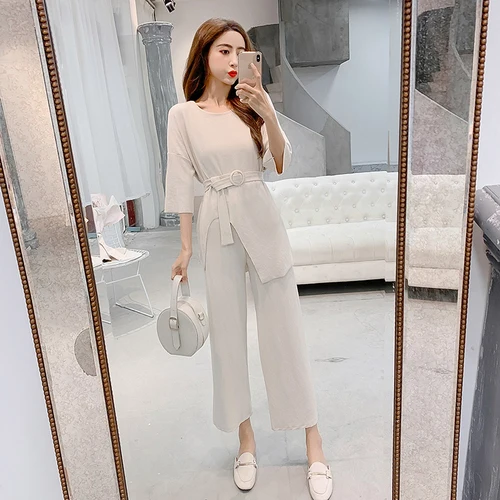 

Summer Temperament 2 Piece Set Women Knitted O-neck Three Quarter Sleeves Tops With Belt Calf-length Pants Brief 2 Set Woman