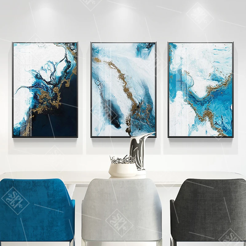 Watercolor Splash Blue Gold Canvas Painting Abstract Posters and Prints Home Decoration Wall Art Picture for Nursery Baby Room
