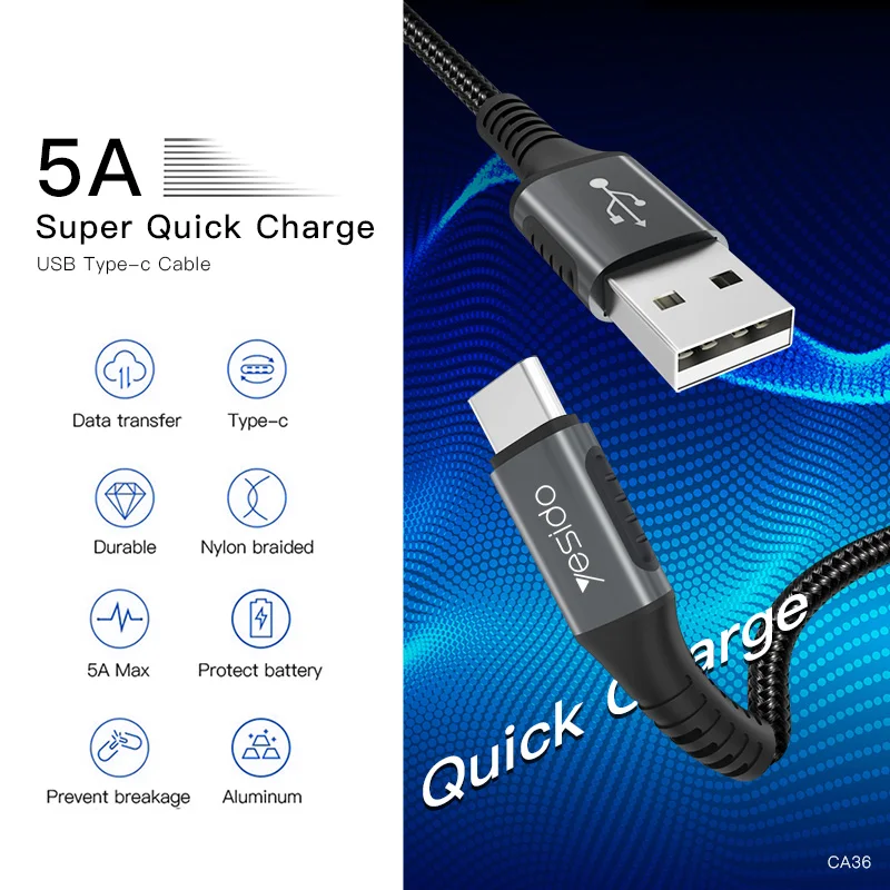 Yesido CA36 USB C кабель 5A быстрое зарядное устройство Type для Samsung S9 Note 9 Oneplus 6 Huawei P20