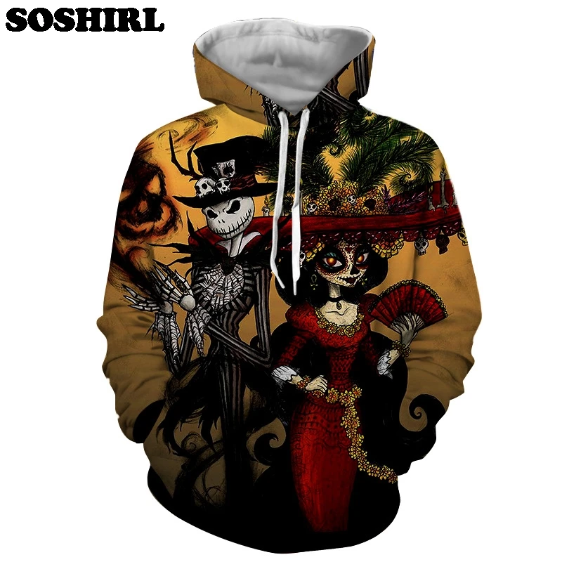 SOSHIRL Halloween Couple Hoodies 3D Hooded Funny Skeleton Man And Demon