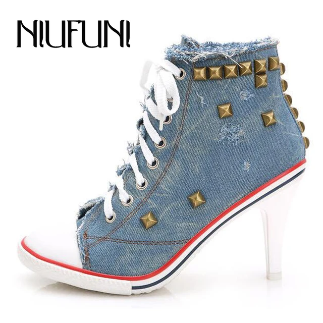 Women's Rivet Canvas Lace Up High Heel Fashion Sneakers Ankle Boots Women's Rivet Canvas Lace Up High Heel Fashion Sneakers Ankle Boots