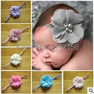 

Hot sale new 3" girls headwear pearl chiffon flower elastic headbands children's hair accessories hairdress 36pc