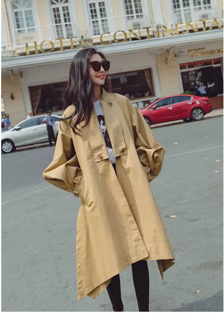 Корейский женский осенний классический нерегулярный длинный Тренч пальто женский OL винтажный с рукавом-фонариком свободные верхняя одежда пальто большой размер O640