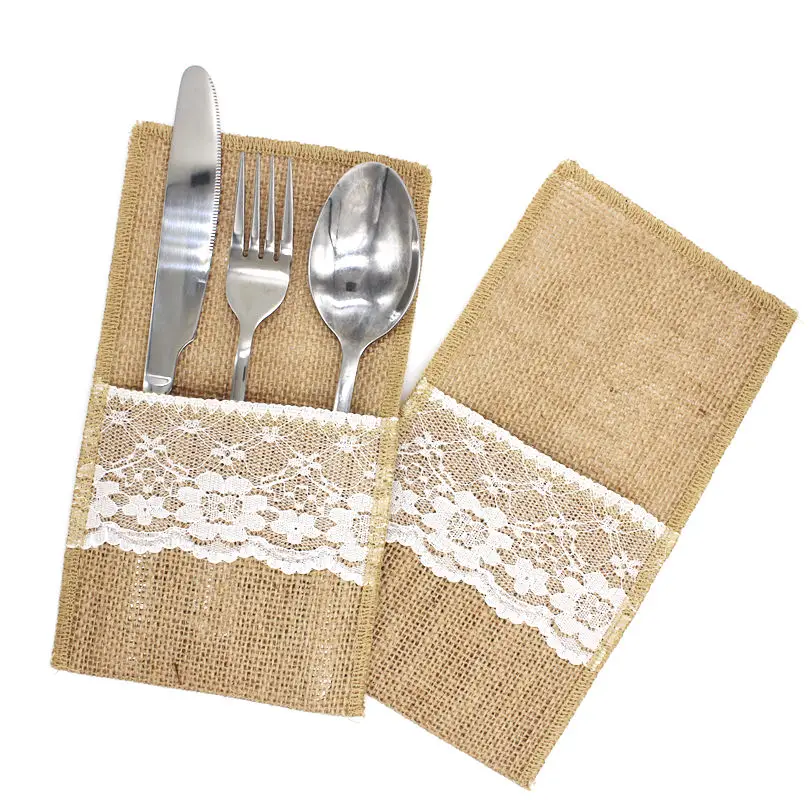 1PCS vintage Jute Hessian Burlap Linen lace Cutlery Pouch Rustic Wedding decoration Party Birthday Tableware Supplies Holder Bag