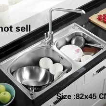 Квартира 304 нержавеющая сталь Стандартный кухня двойной паз раковина сделать блюда Горячая 82x45 см