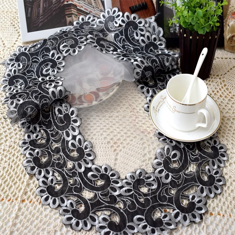 الفاخرة الأسود التطريز الجدول مكان حصيرة سادة القماش كوب الدانتيل الطعام المفرش وعاء القدح حامل عيد الميلاد كوستر شرب تحديد الموقع المطبخ