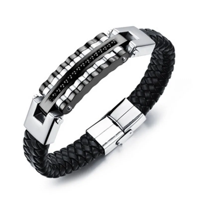 

2018 Fashion Stainless Steel Bracelet Punk Black Leather Braided Rope Chain Men's Jewelry Charm Bracelet Friendship Gift