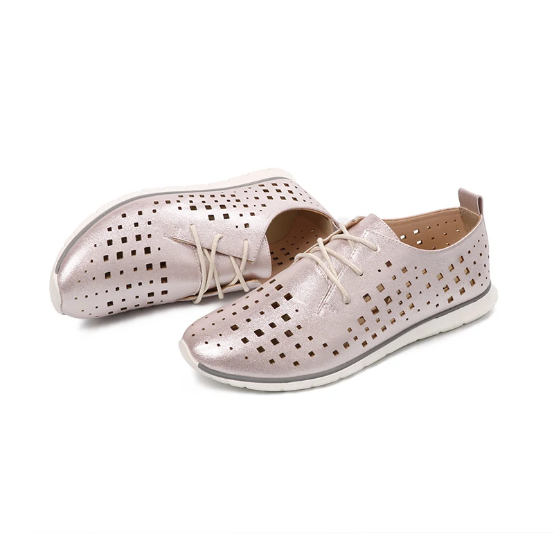 AIMEIGAO New Autumn Spring Soft Leather Women Flats Shoes Lace Up Breathable Shoes Hollow Out Casual Women Flat Soft Shoes