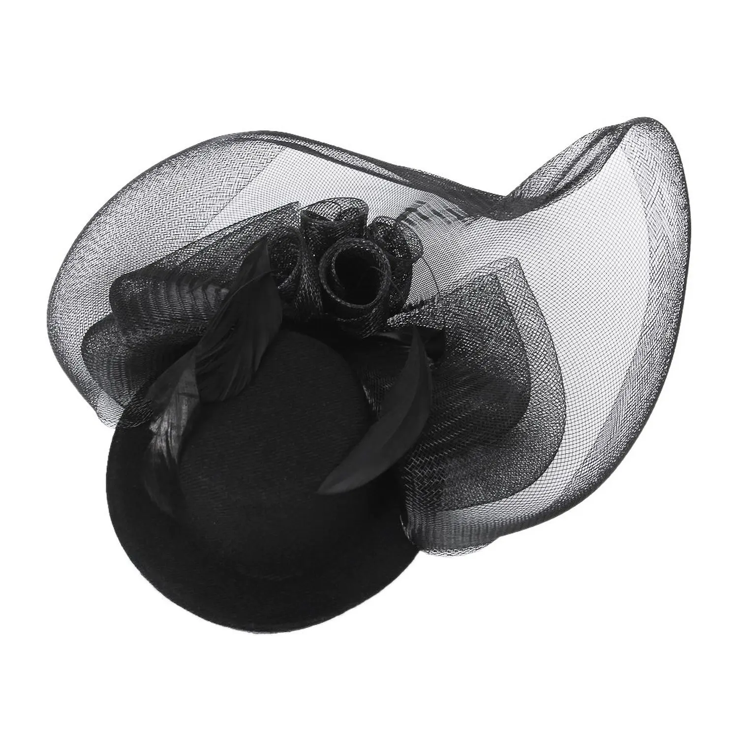 TFGS 10 x Ladies Mini Top Hat Costume Hair Clip w Veil and Flying Feather Black