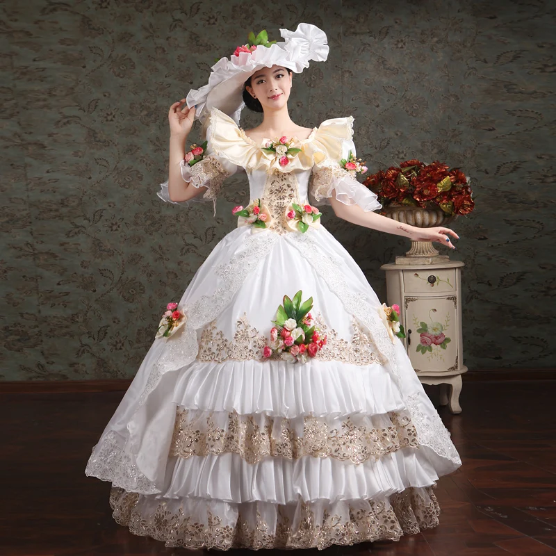 

18th Century O-Neck White/Red Lace Flowers Appliques Ruffles Muliti-Layer Rococo Party Dress Renaissance banquet Show Ball Gown